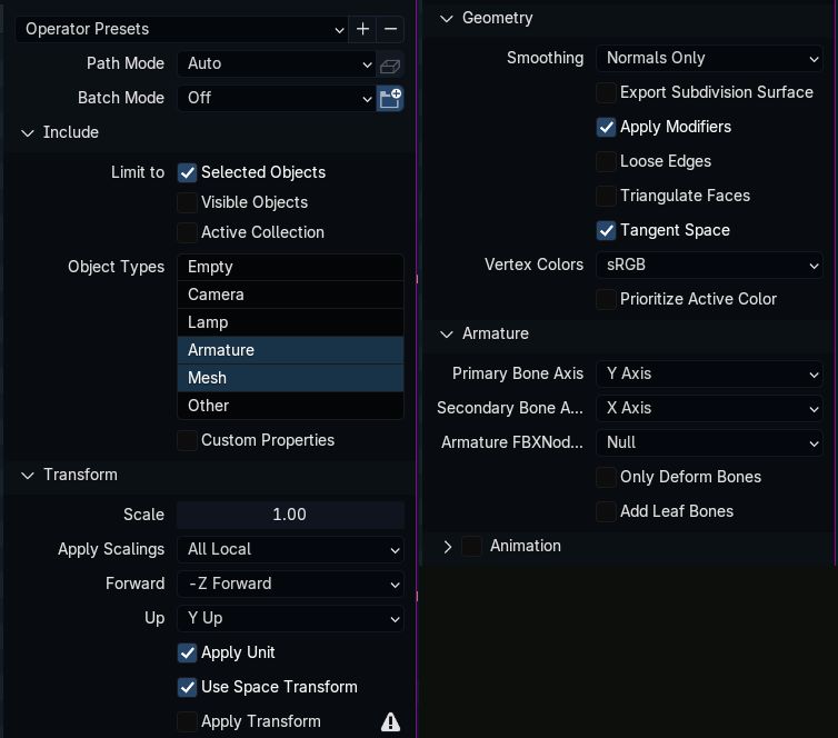 Export settings in Blender